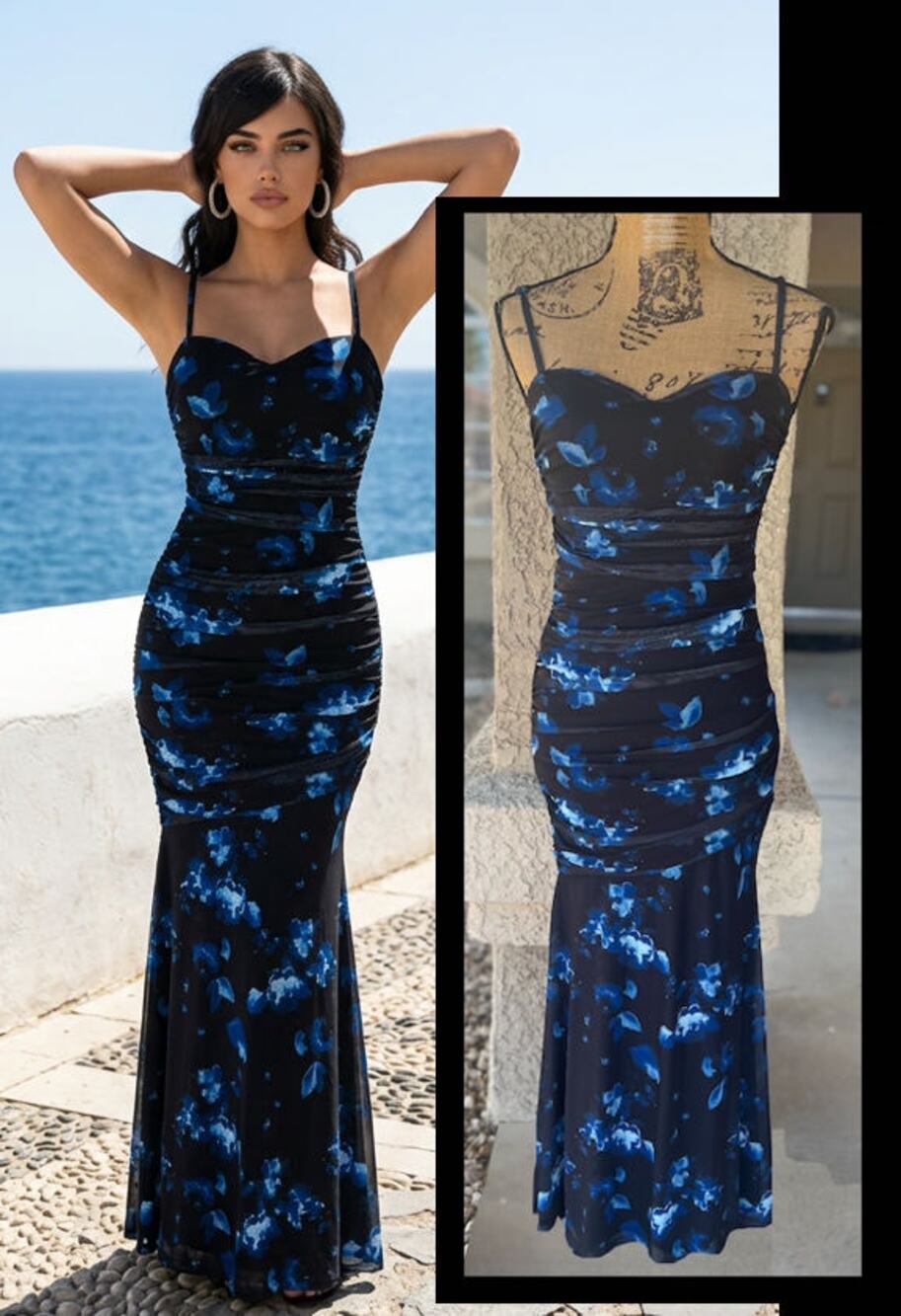 Lulus Black Blue Floral Drop Waist Flirty Phenomena Ruched Mesh Maxi Size S
